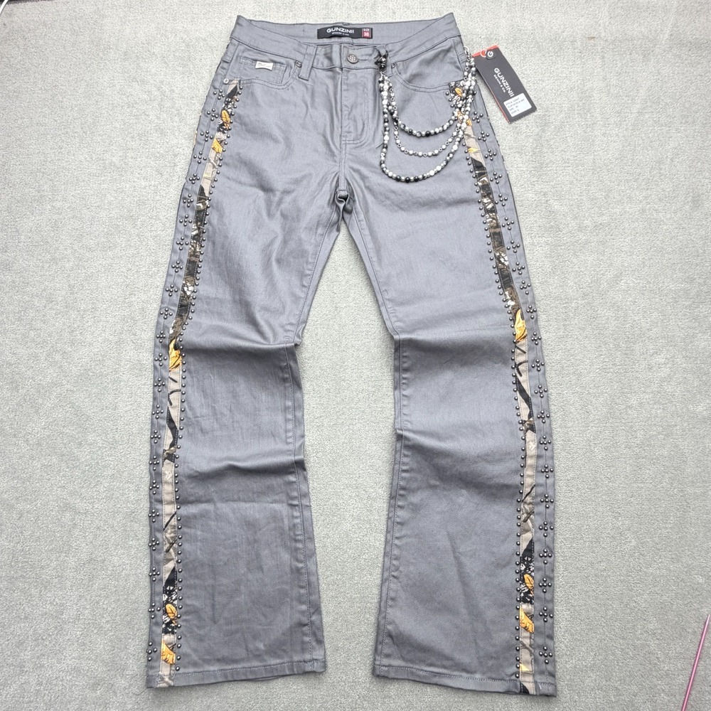 NWT Gunzinii Gray Wax Denim Jeans 30 Camo Studded Biker Moto Rock Star Y2K